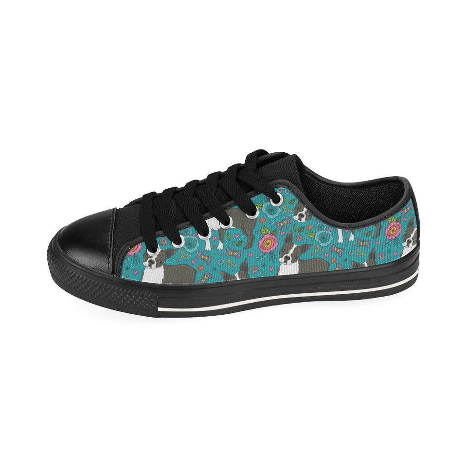 Boston terrier beautiful flower pattern Men's Low Top Canvas Shoes Black