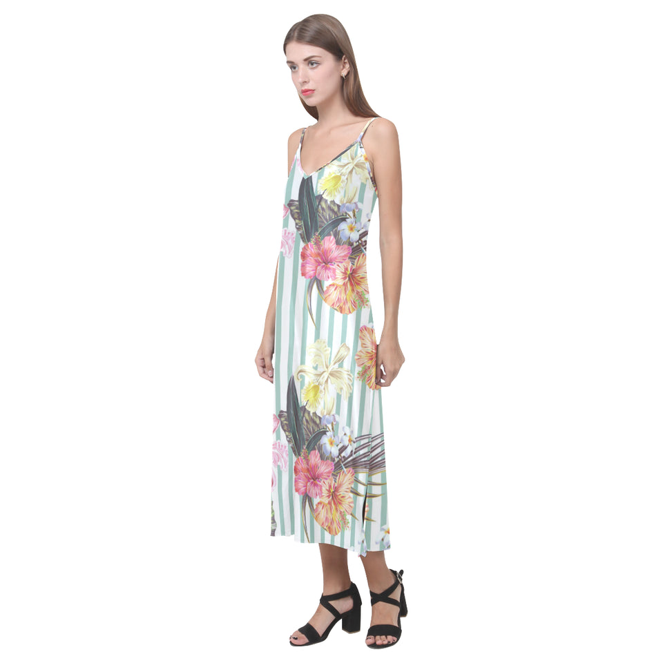 Colorful orchid flower pattern V-Neck Open Fork Long Dress