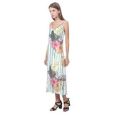 Colorful orchid flower pattern V-Neck Open Fork Long Dress