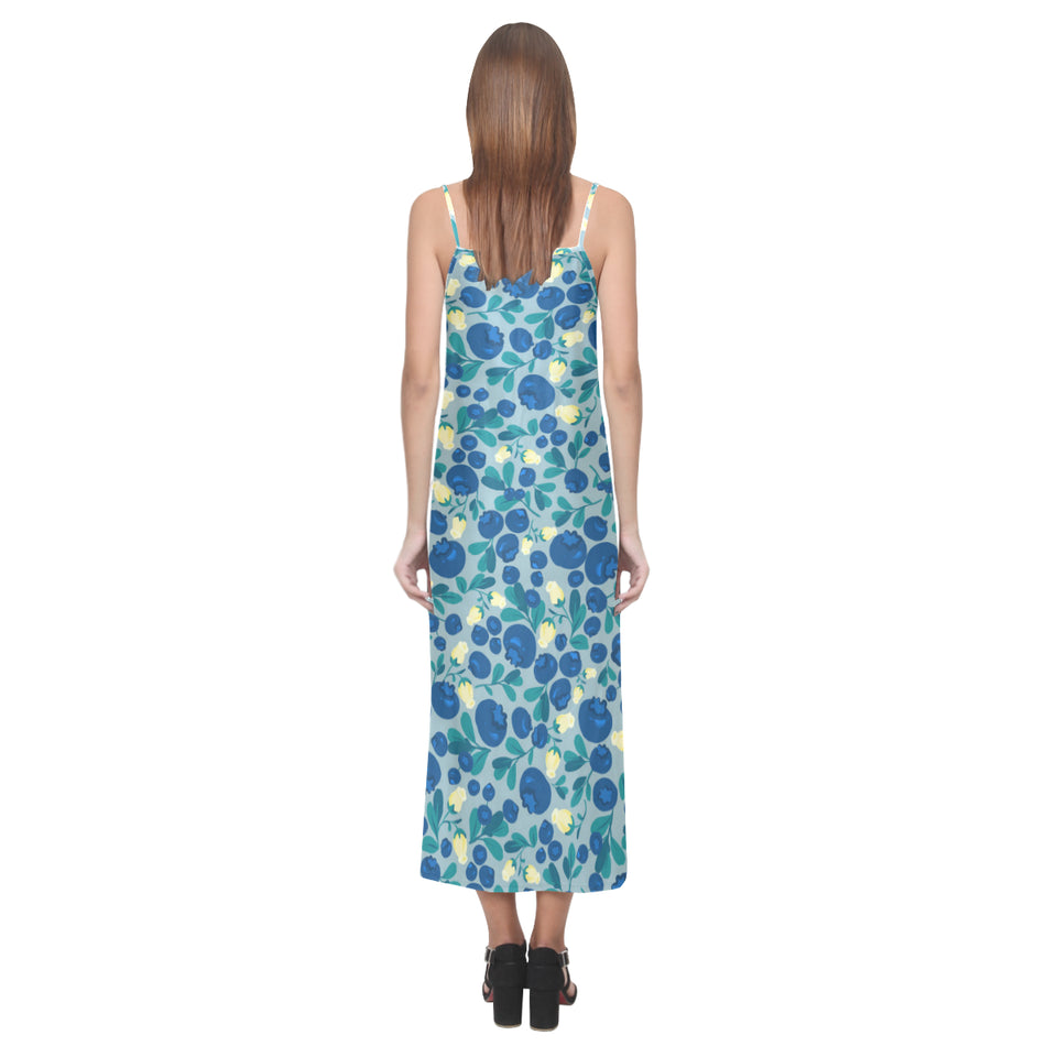 blueberry design pattern V-Neck Open Fork Long Dress