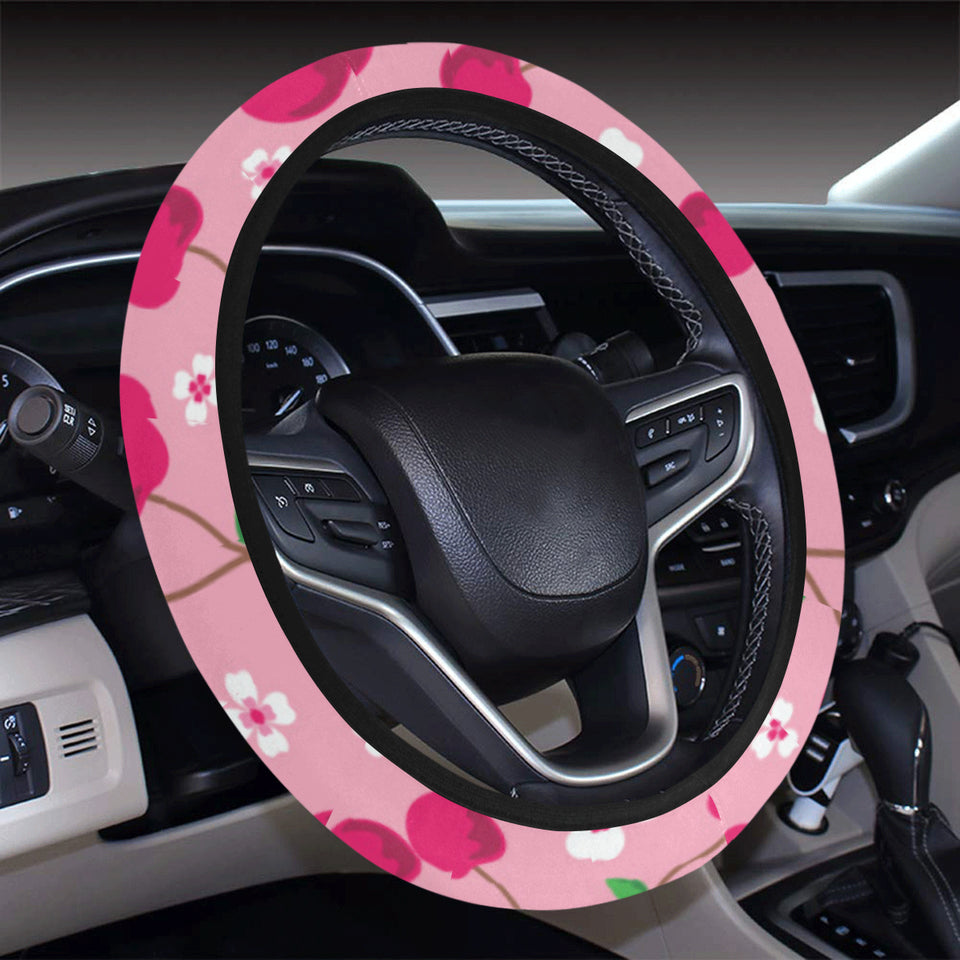 cherry flower pattern pink background Car Steering Wheel Cover