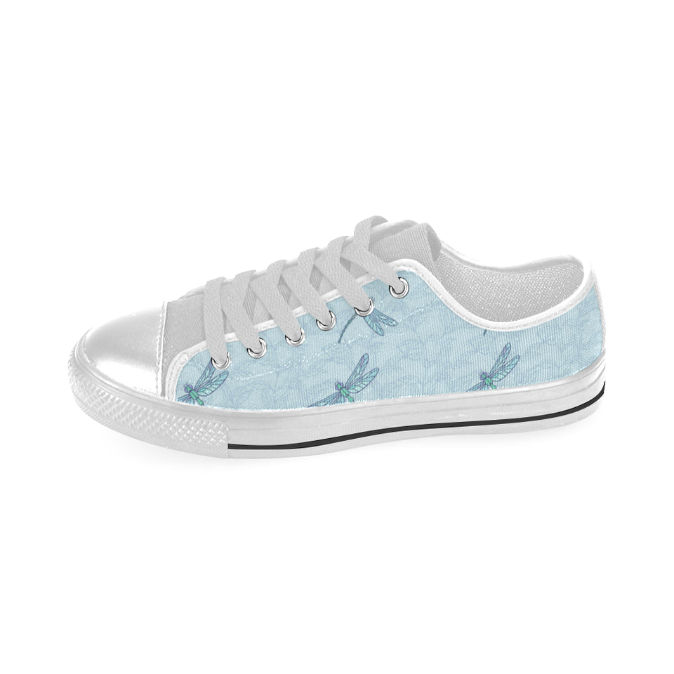 Dragonfly pattern blue background Men's Low Top Shoes White