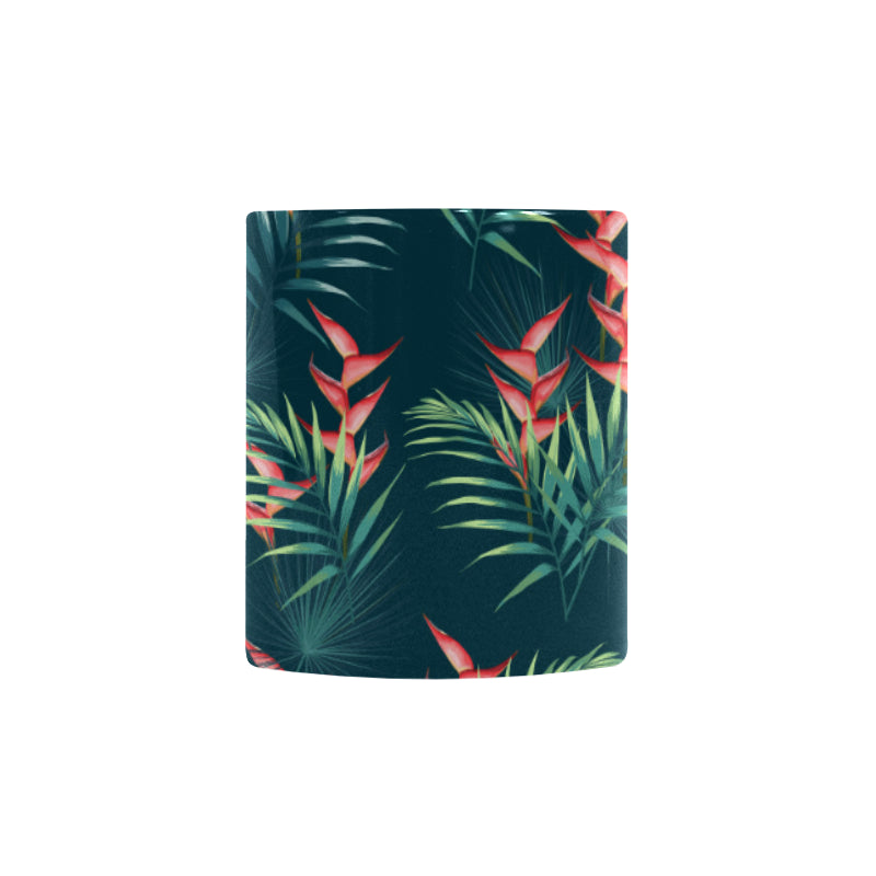 heliconia flowers, palm and monstera leaves on bla Morphing Mug Heat Changing Mug