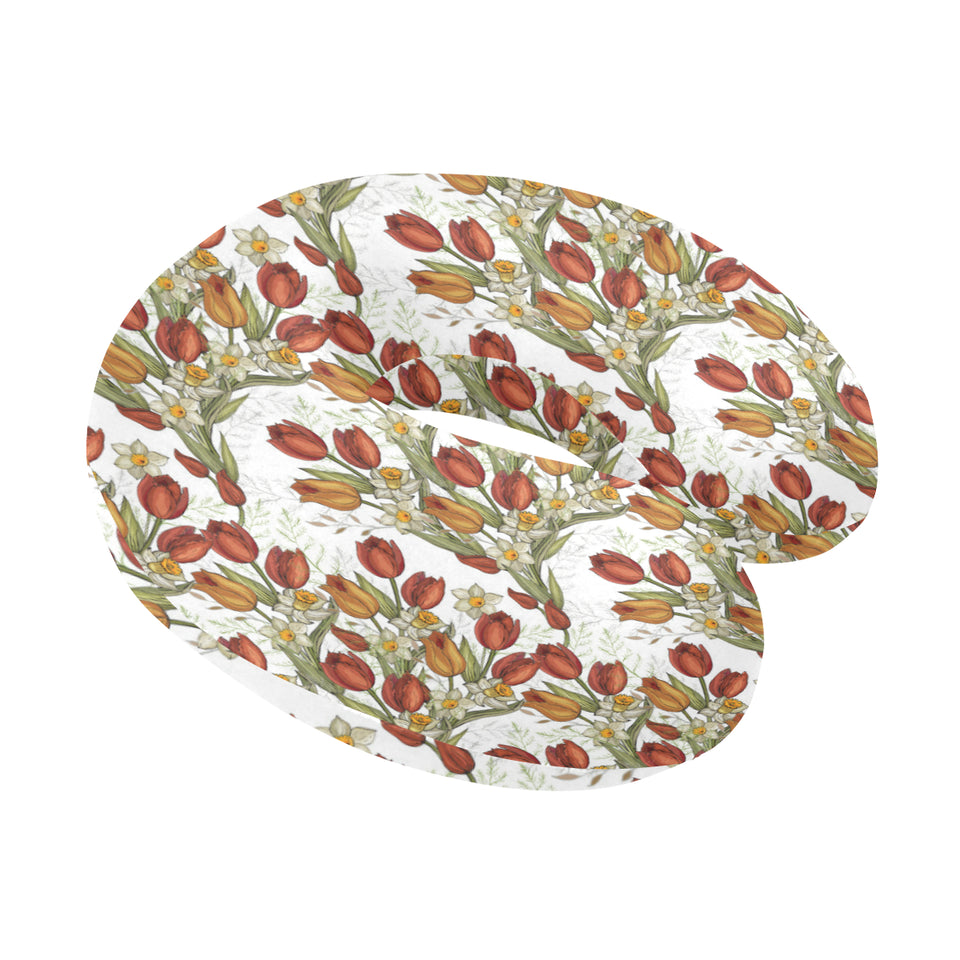 Red tulips and daffodils pattern U-Shaped Travel Neck Pillow