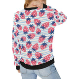 Strawberry pattern blue lines background Women's Crew Neck Sweatshirt