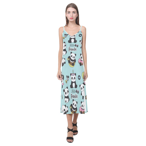 Cute baby panda pattern V-Neck Open Fork Long Dress