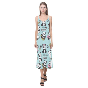 Cute baby panda pattern V-Neck Open Fork Long Dress
