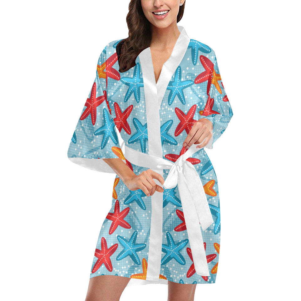 Blue red orange starfish pattern Women's Short Kimono Robe