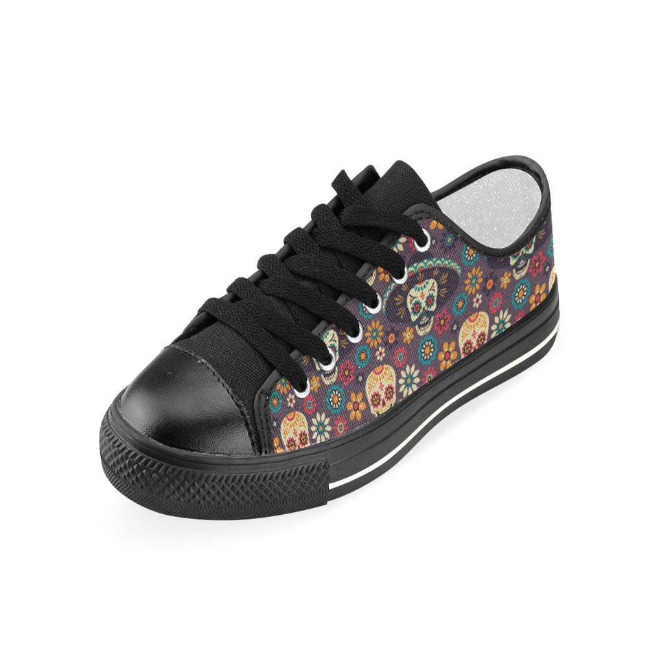 Sugar skulls flower maxican pattern Kids' Boys' Girls' Low Top Canvas Shoes Black