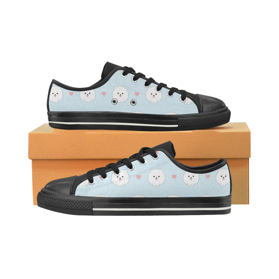 White cute pomeranian pattern Women's Low Top Canvas Shoes Black