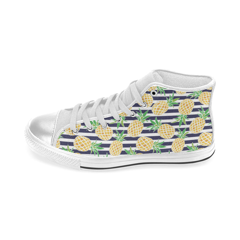 Pineapples pattern striped background Women's High Top Canvas Shoes White