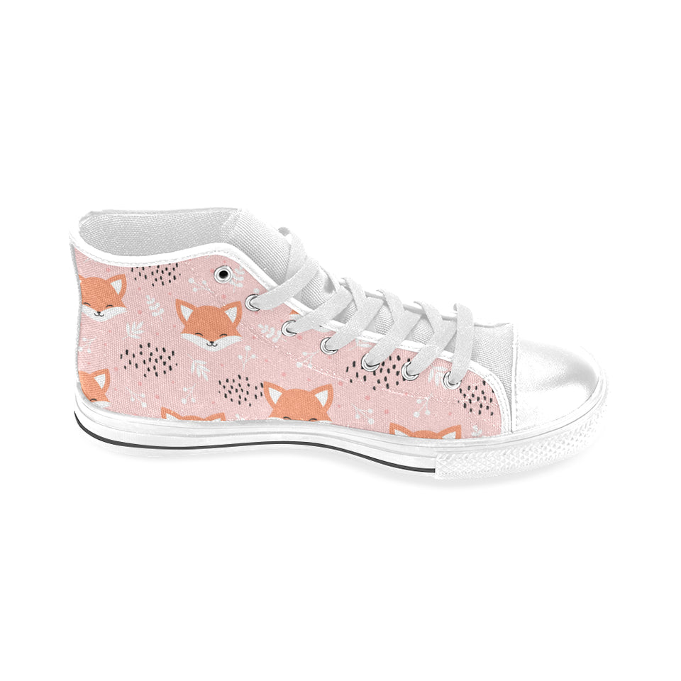 Cute fox pattern pink background Men's High Top Canvas Shoes White