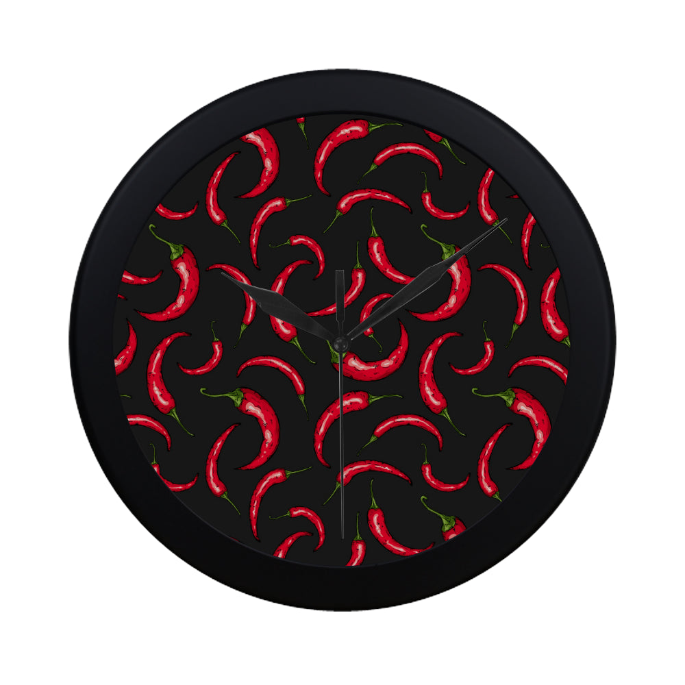 Chili peppers pattern black background Elegant Black Wall Clock
