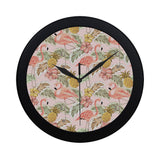 Pink flamingo birds pineapples hibiscus flower pat Elegant Black Wall Clock