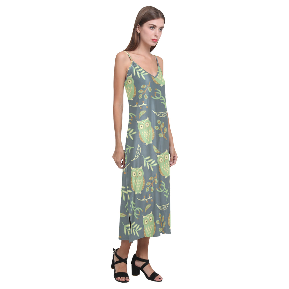 Cute owls leaves pattern V-Neck Open Fork Long Dress
