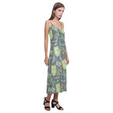 Cute owls leaves pattern V-Neck Open Fork Long Dress