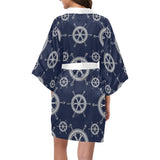 nautical steering wheel design pattern Women's Short Kimono Robe