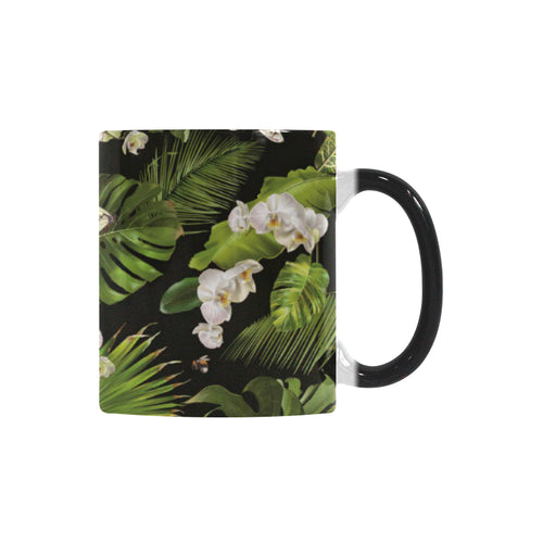 White orchid flower tropical leaves pattern blackg Morphing Mug Heat Changing Mug