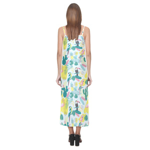 Cute parrot toucan flamingo cactus exotic leaves p V-Neck Open Fork Long Dress