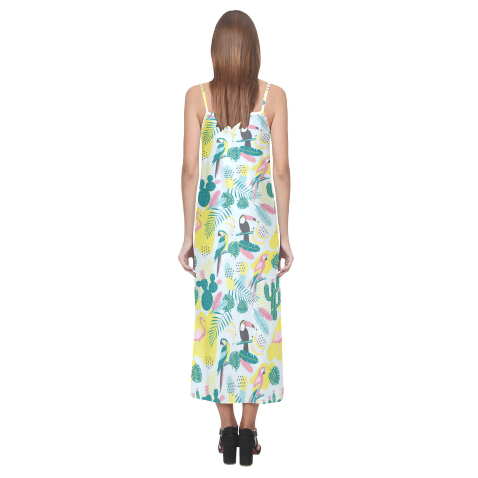 Cute parrot toucan flamingo cactus exotic leaves p V-Neck Open Fork Long Dress