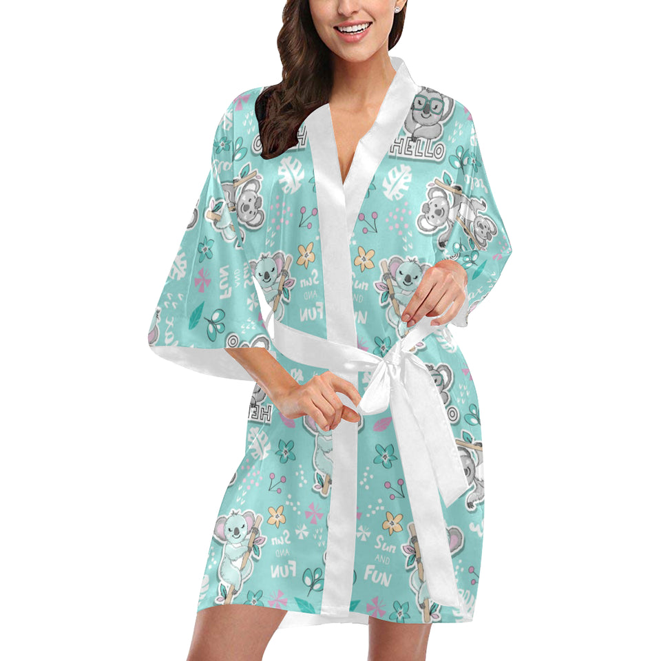 Cute koalas blue background pattern Women's Short Kimono Robe