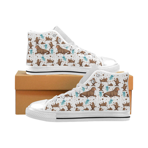 sea lion Seals jellyfish pattern Men's High Top Canvas Shoes White