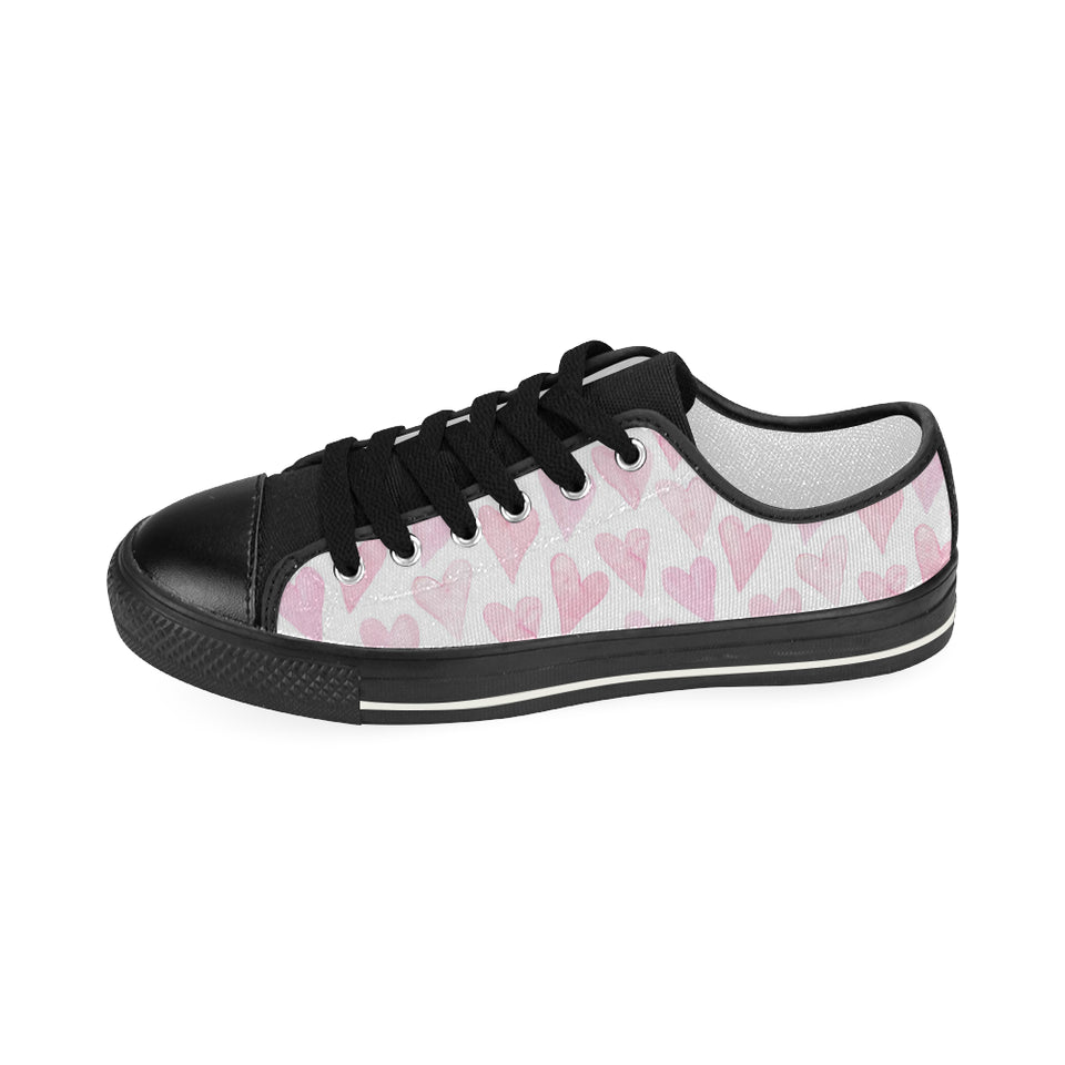 Watercolor pink heart pattern Women's Low Top Canvas Shoes Black