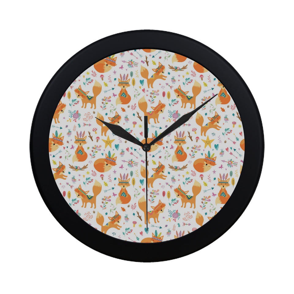 cute tribal fox pattern Elegant Black Wall Clock