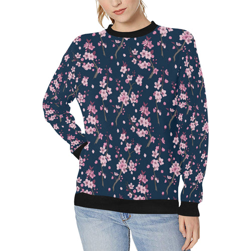 Pink sakura cherry blossom blue background Women's Crew Neck Sweatshirt