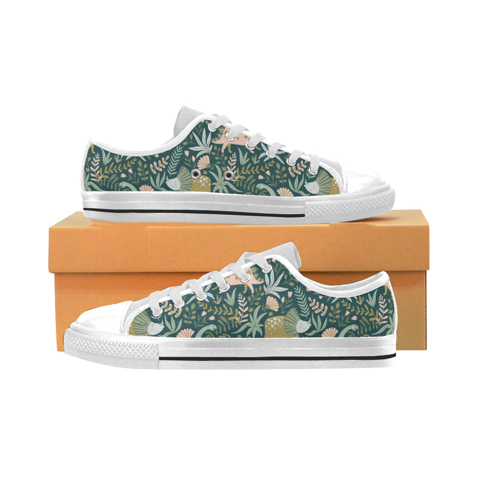 dinosaurs tropical leaves flower pattern Men's Low Top Shoes White