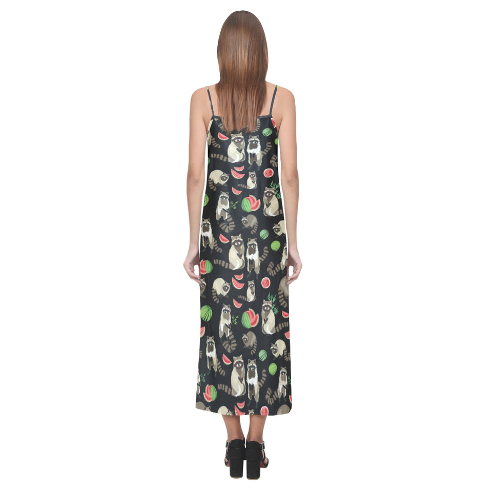Raccoon watermelon pattern V-Neck Open Fork Long Dress