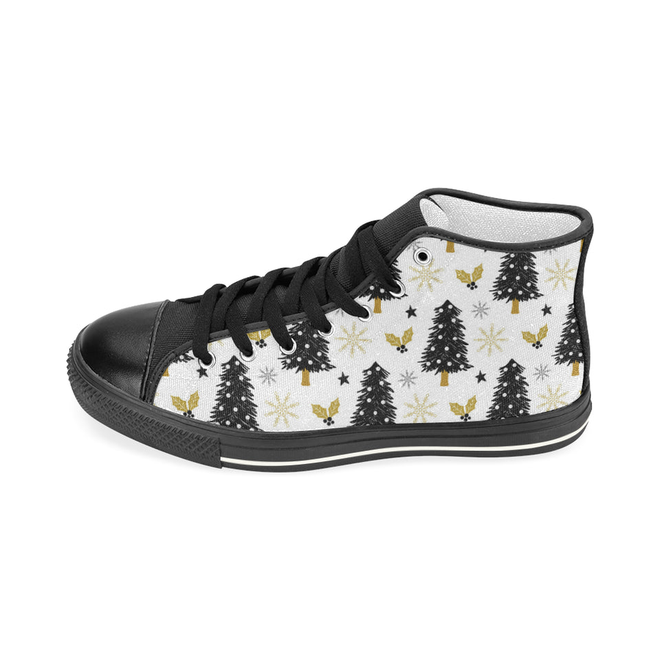 Christmas tree holly snow star pattern Men's High Top Canvas Shoes Black