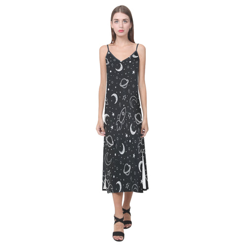 Hand drawn space rocket star planet V-Neck Open Fork Long Dress