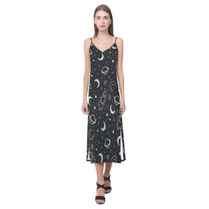 Hand drawn space rocket star planet V-Neck Open Fork Long Dress