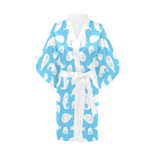 Cute white sea lion seals pattern Women's Short Kimono Robe