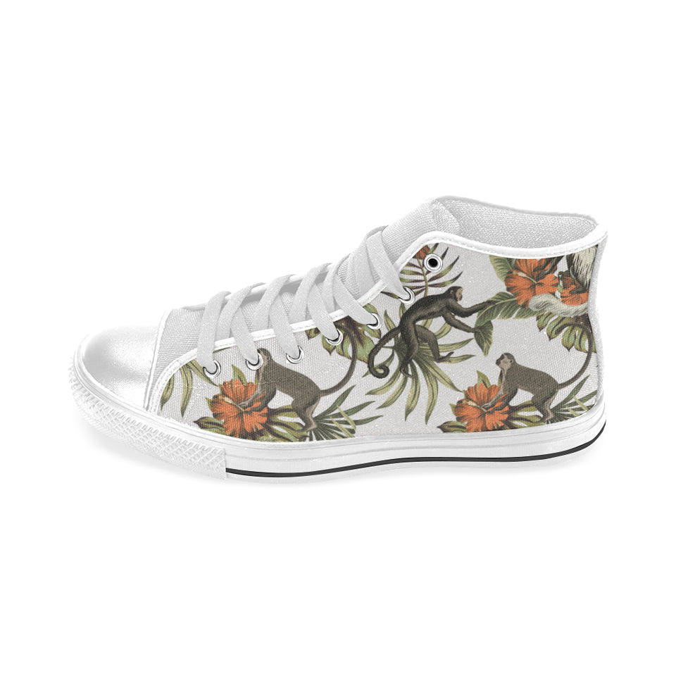 Monkey red hibiscus flower palm leaves floral patt Men's High Top Canvas Shoes White