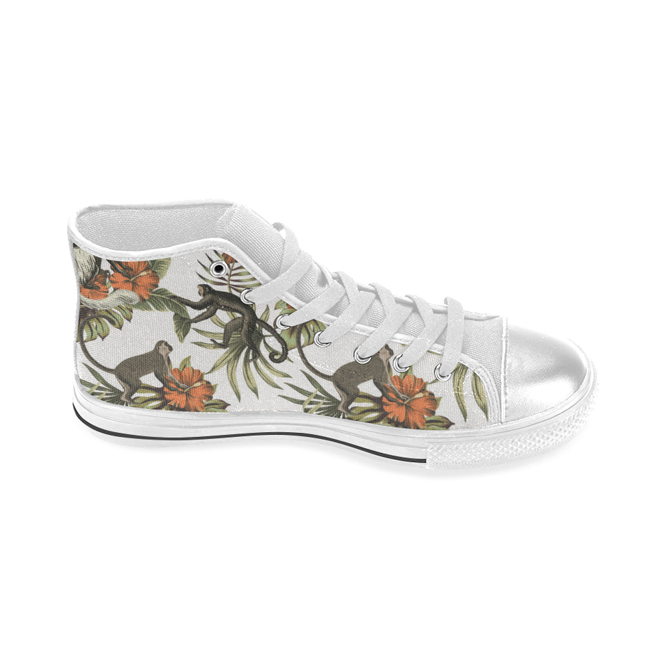 Monkey red hibiscus flower palm leaves floral patt Women's High Top Canvas Shoes White