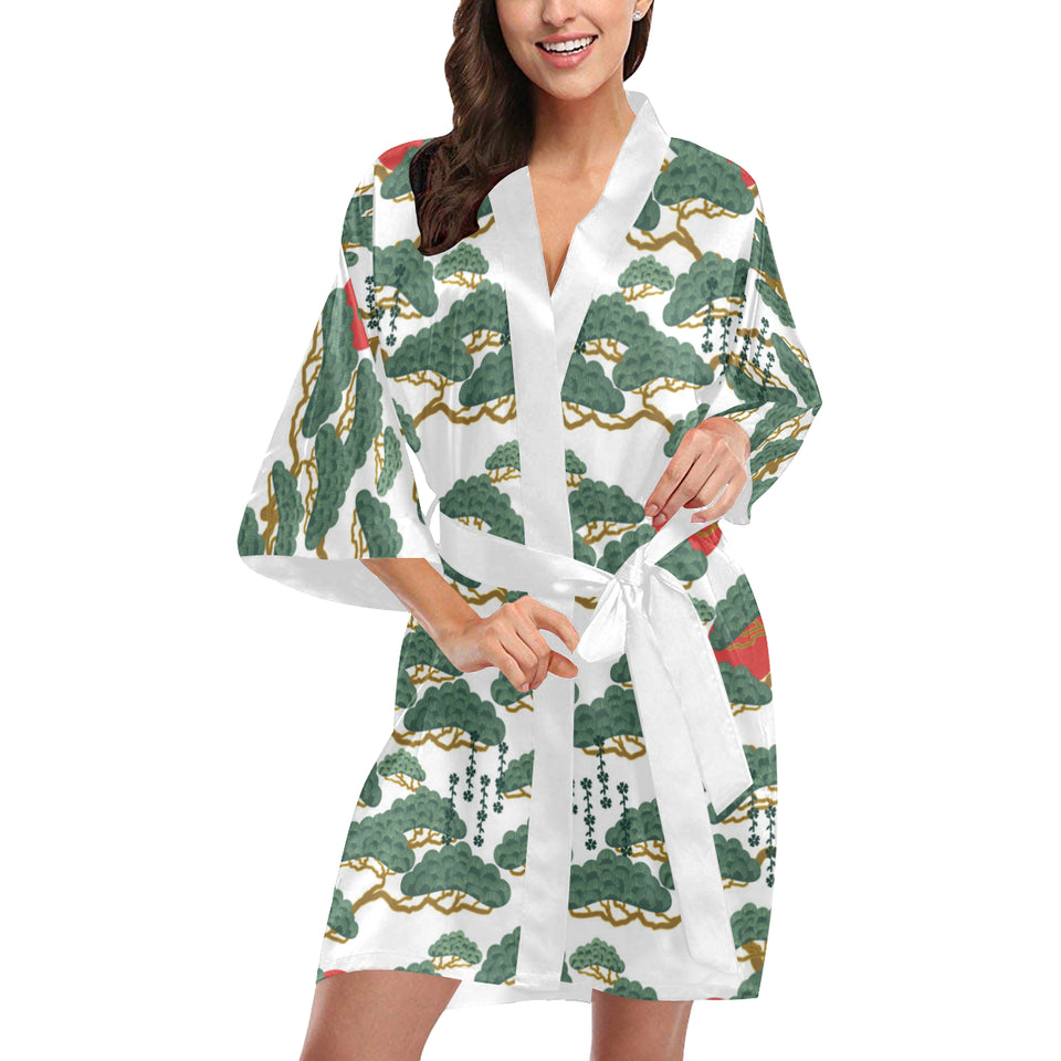 Bonsai red sun japanese pattern Women's Short Kimono Robe
