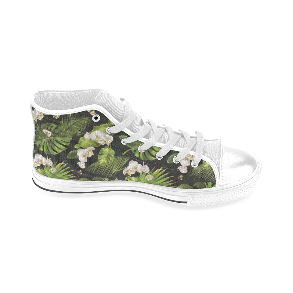White orchid flower tropical leaves pattern blackg Men's High Top Canvas Shoes White