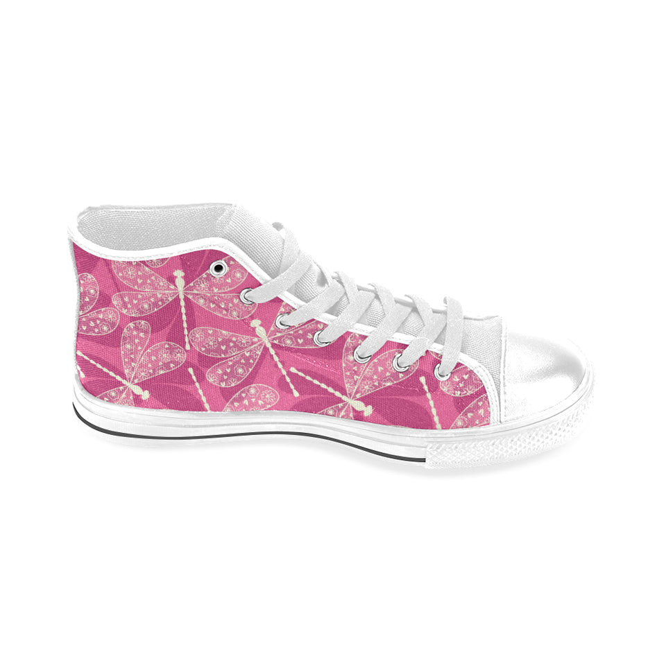 Beautiful dragonfly pink background Men's High Top Canvas Shoes White