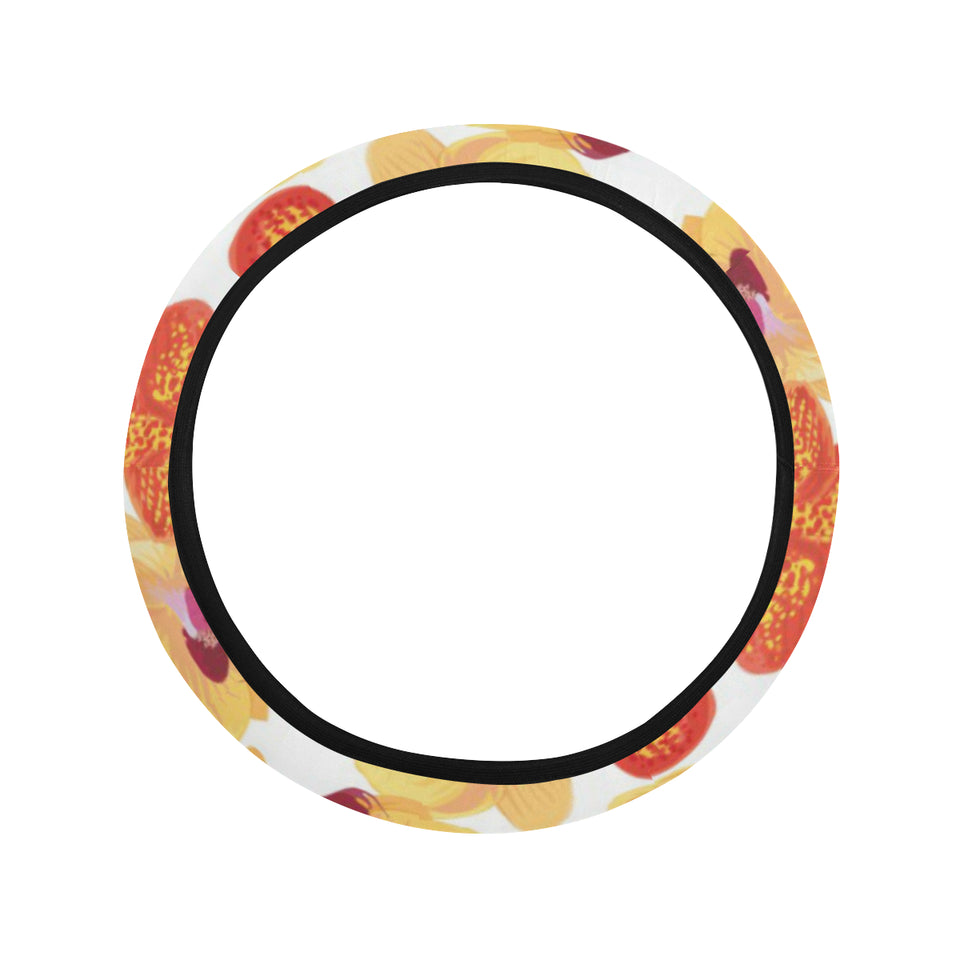 Orange yellow orchid flower pattern background Car Steering Wheel Cover