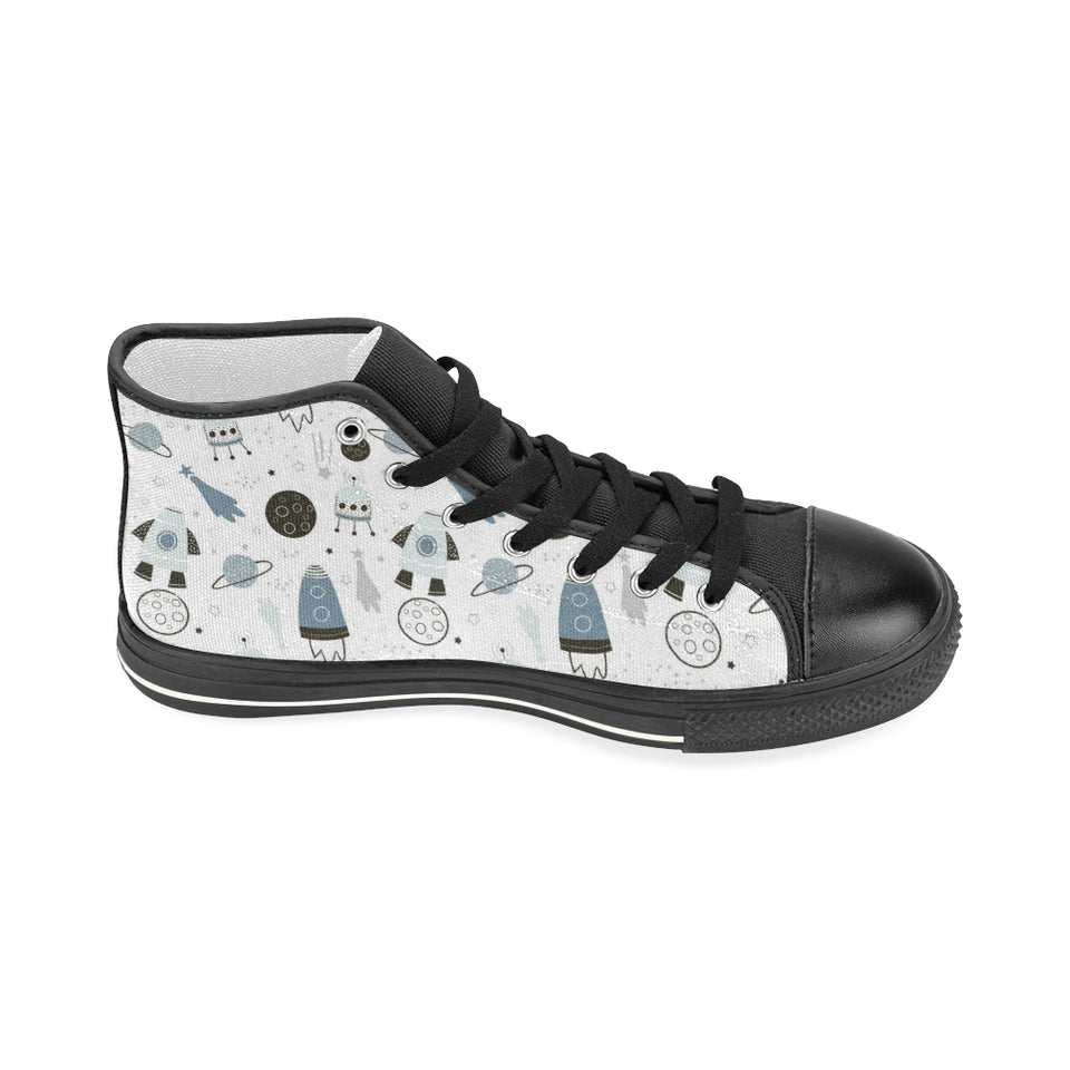 Hand drawn space elements space rocket star planet Women's High Top Canvas Shoes Black