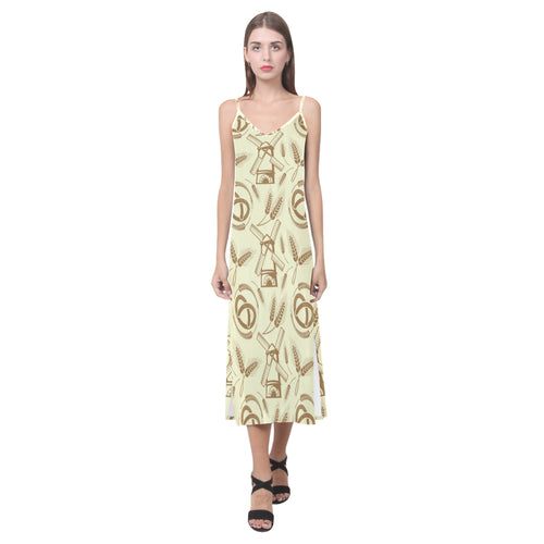 Windmill Wheat pattern V-Neck Open Fork Long Dress