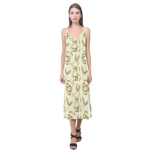 Windmill Wheat pattern V-Neck Open Fork Long Dress