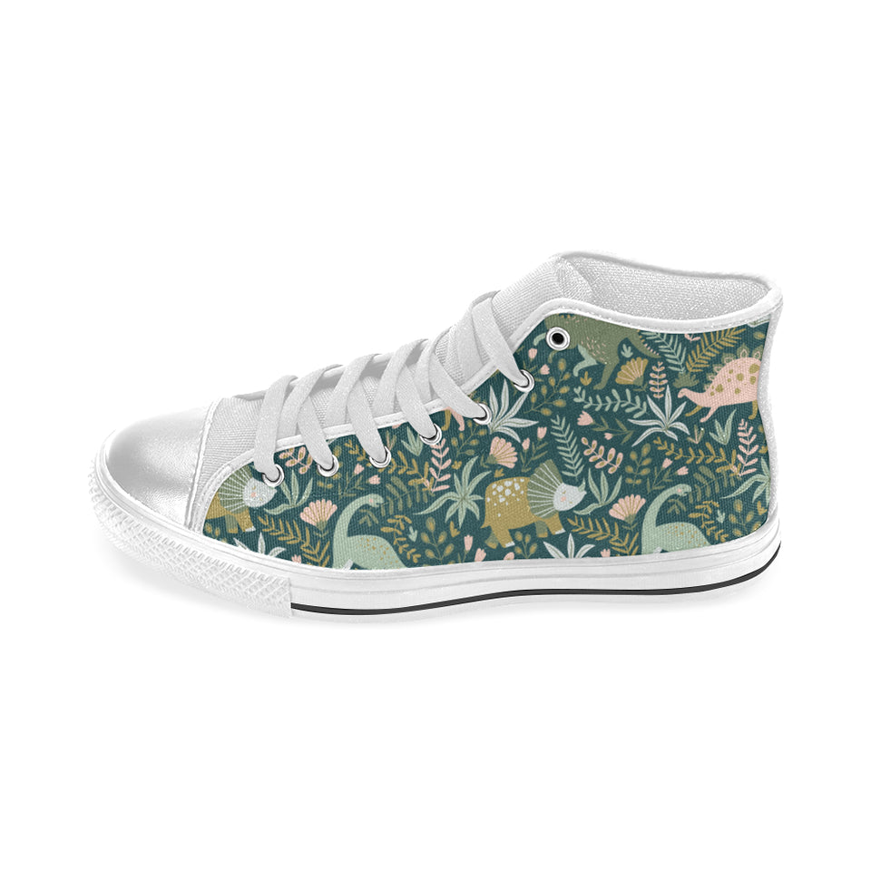 dinosaurs tropical leaves flower pattern Women's High Top Canvas Shoes White