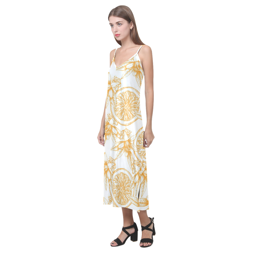 hand drawn orange fruit pattern V-Neck Open Fork Long Dress