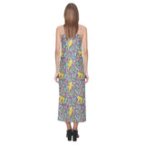 Cute yellow monkey leaves pattern V-Neck Open Fork Long Dress