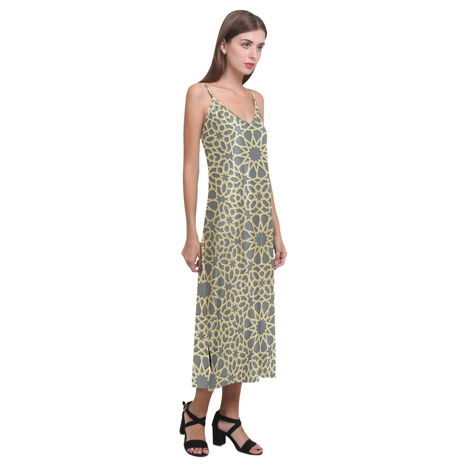 arabic star gold pattern V-Neck Open Fork Long Dress