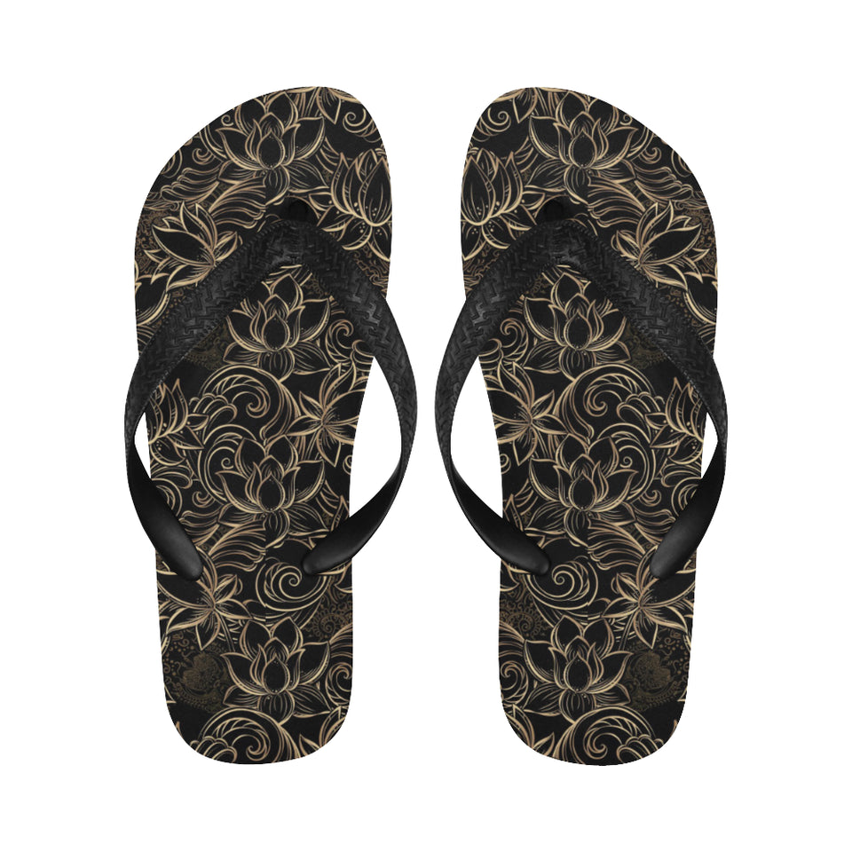 luxurious gold lotus waterlily black background Unisex Flip Flops