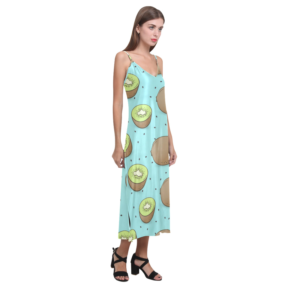 Kiwi blue background V-Neck Open Fork Long Dress